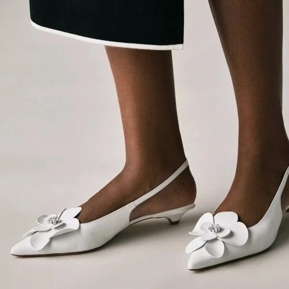 NIB Maeve Floral Slingback Heels Anthropologie Kitten Heel Sandals in White 37 - Picture 2 of 10